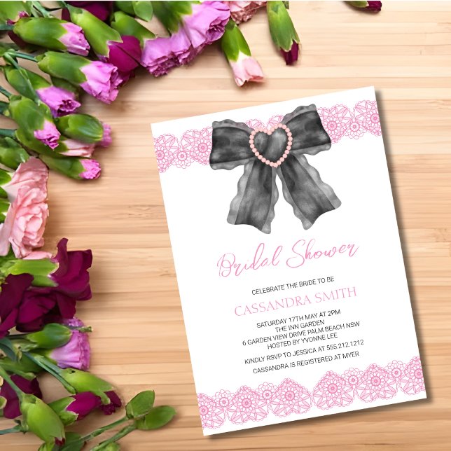 Black Coquette Bow Pink Lace Bridal Shower  Invitation (Creator Uploaded)