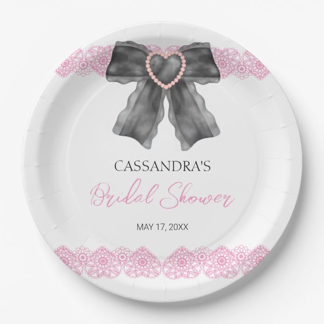 Black Coquette Bow Pink Lace Bridal Shower  Paper Plates (Front)