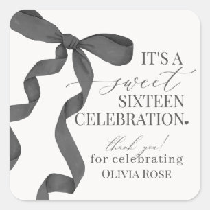 Black Coquette Bow Sweet 16 Birthday Party Favor Square Sticker