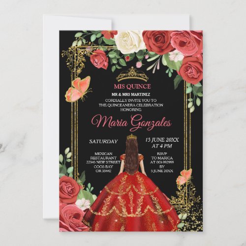 Black Coral Mexican Flowers Quinceaera Invite