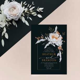 Black Coral Orange White Floral Border Wedding Invitation