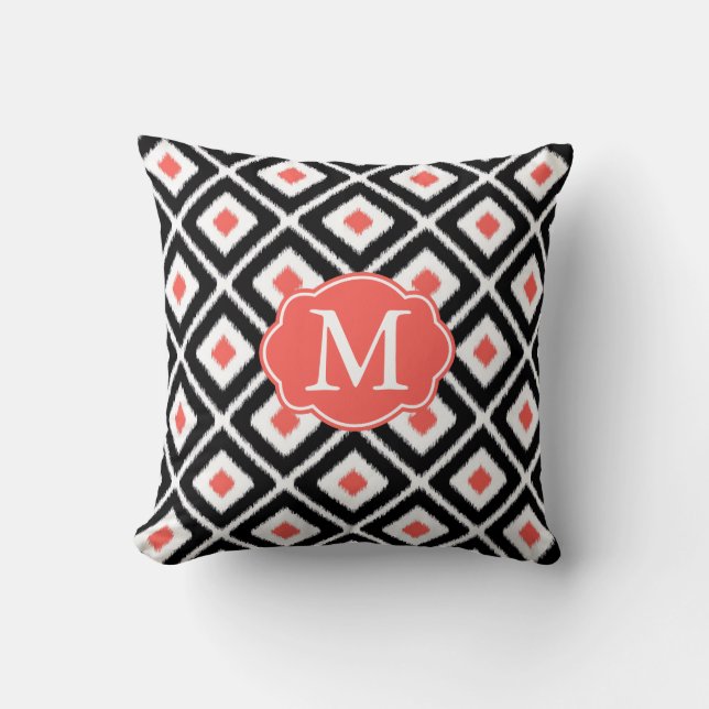 Black, Coral, White Ikat Diamond Pattern Throw Pillow (Front)