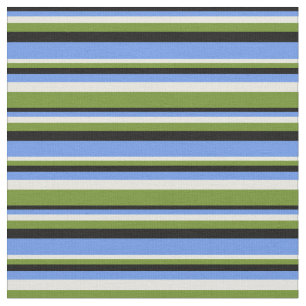 Black, Cornflower Blue, Beige & Green Stripes Fabric