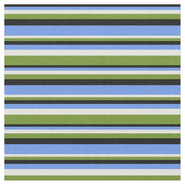 Black, Cornflower Blue, Beige & Green Stripes Fabric (Close Up)