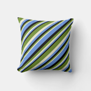Black, Cornflower Blue, Beige & Green Stripes Throw Pillow