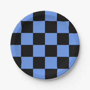 Black/Cornflower Blue Checkered Paper Plates