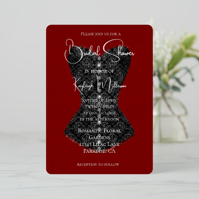 Black Corset Bridal Shower Foil Invitation (Standing Front)