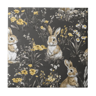 Black Cottagecore Rabbit Floral Toile Pattern Ceramic Tile