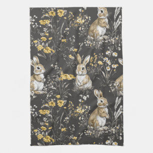 Black Cottagecore Rabbit Floral Toile Pattern Kitchen Towel