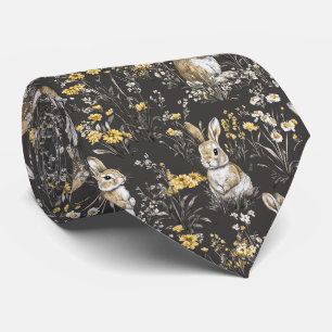 Black Cottagecore Rabbit Floral Toile Pattern Neck Tie