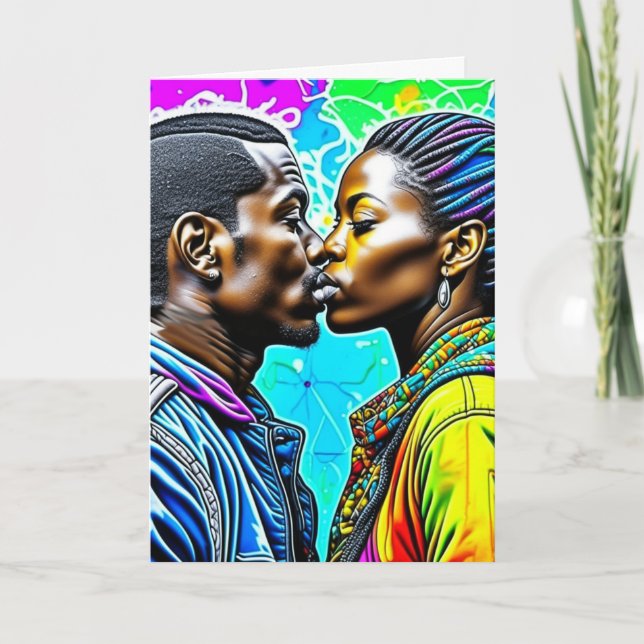 Black Couple Kissing in Love Anniversary Card (Front)