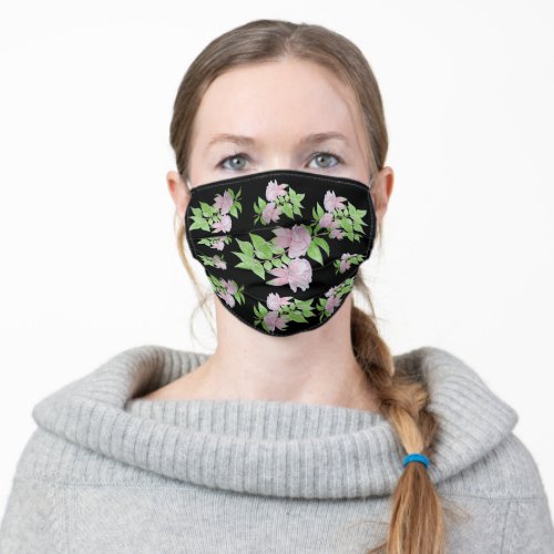 black covered with pretty pink flowers adult cloth face mask