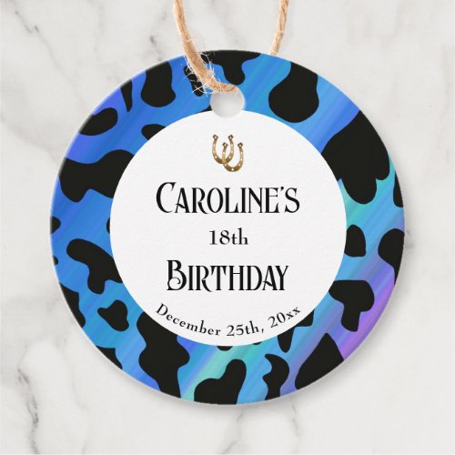 Black Cow Dots Gold Horseshoe Birthday Favor Tags