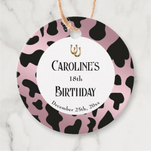 Black Cow Dots Rose Gold, Horseshoe Birthday Favor Tags