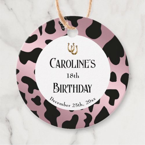 Black Cow Dots Rose Gold Horseshoe Birthday Favor Tags