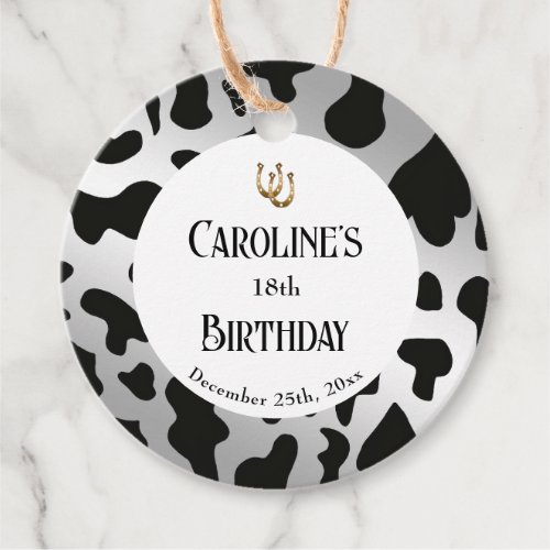 Black Cow Dots Silver Horseshoe Birthday Favor Tags