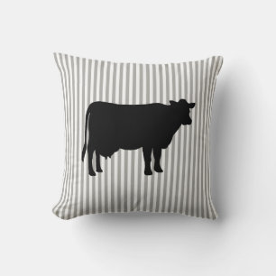 Black Cow Gray Stripe Farmhouse Throw Pillow