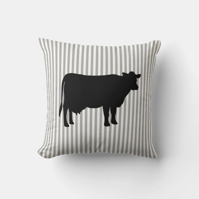 Black Cow Gray Stripe Farmhouse Throw Pillow (Front)