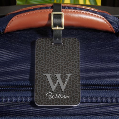 Black Cow Leather Texture Script Monogrammed Name Luggage Tag