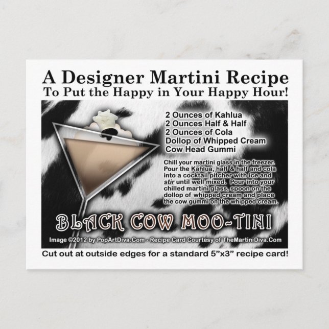 Black Cow Moo-Tini Martini Recipe Postcard (Front)