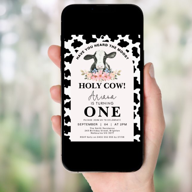 Black Cow Print Arch Floral Holy Cow 1st Birthday Invitation (Front Digital)
