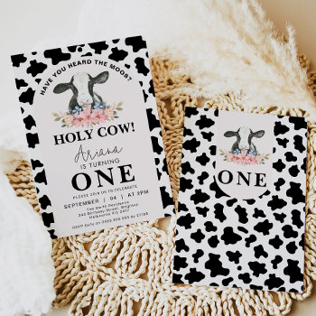 Black Cow Print Arch Floral Holy Cow 1st Birthday Invitation by Sugar_Puff_Kids at Zazzle