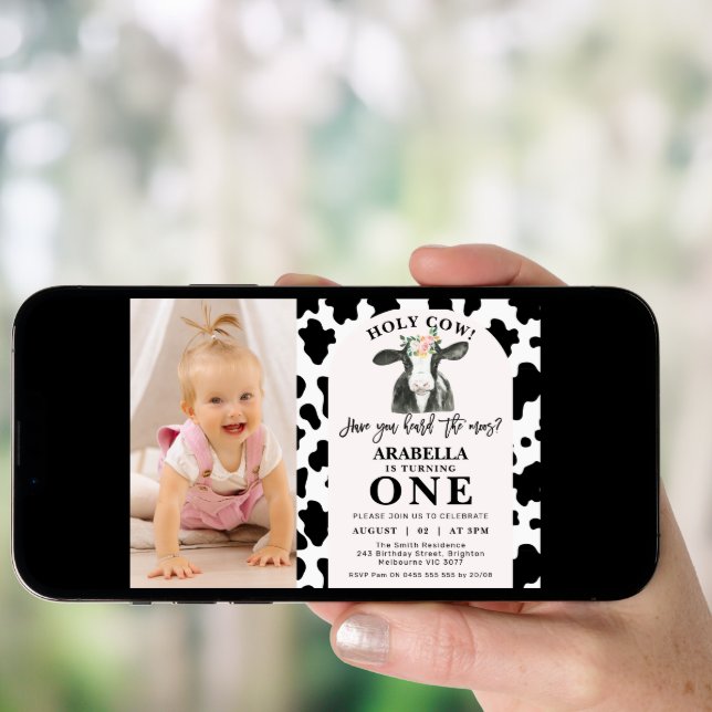 Black Cow Print Arch Photo Holy Cow 1st Birthday Invitation (Front Digital)
