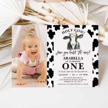Black Cow Print Arch Photo Holy Cow 1st Birthday Invitation by Sugar_Puff_Kids at Zazzle