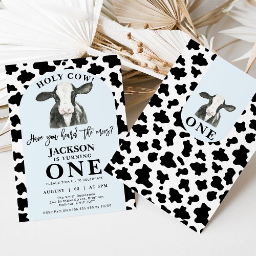 Black Cow Print Blue Arch Holy Cow 1st Birthday Invitation