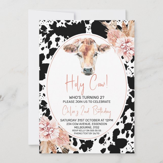 Black Cow Print Boho Holy Cow Girls Birthday Invitation (Front)