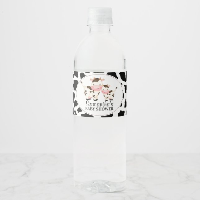 Black Cow Print Cow Calf Baby Shower  Water Bottle Label (Front)