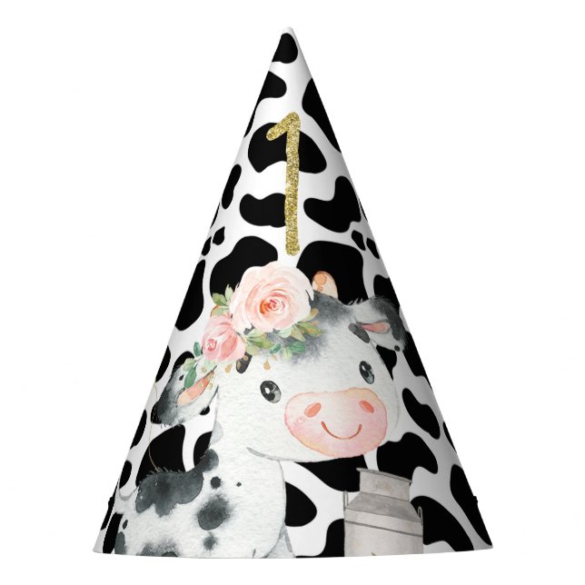 Black Cow Print First Birthday Party Hat (Front)