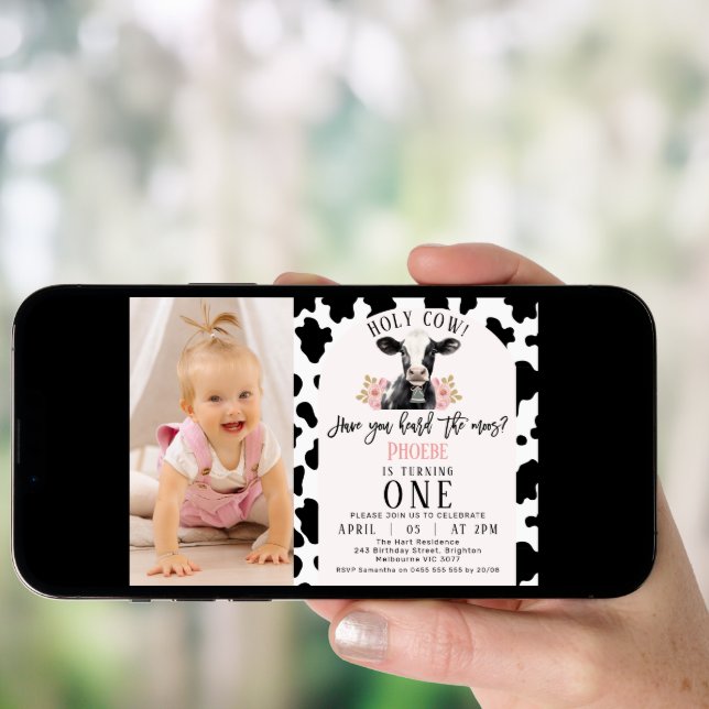 Black Cow Print Photo Holy Cow 1st Birthday Invitation (Front Digital)