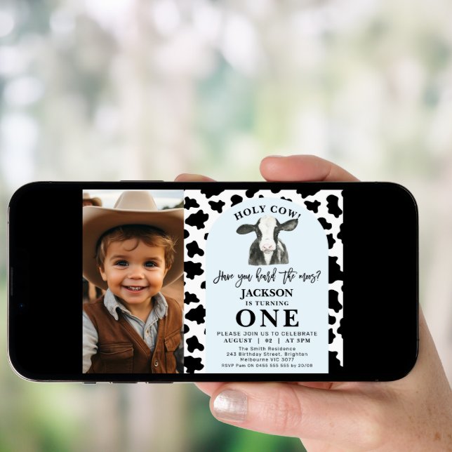 Black Cow Print Photo Holy Cow 1st Birthday Invitation (Front Digital)