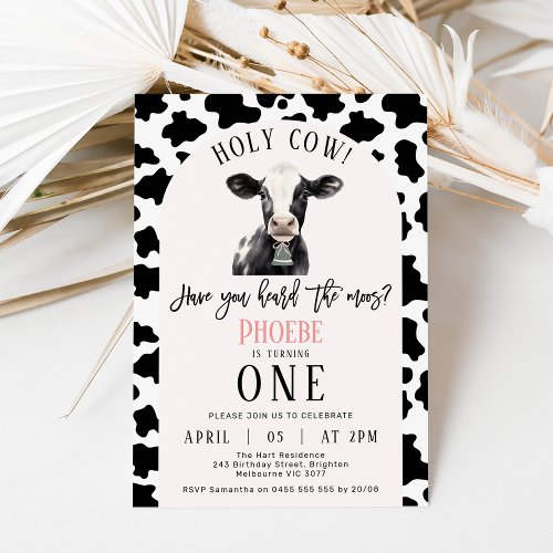 Black Cow Print Pink Arch Holy Cow 1st Birthday Invitation