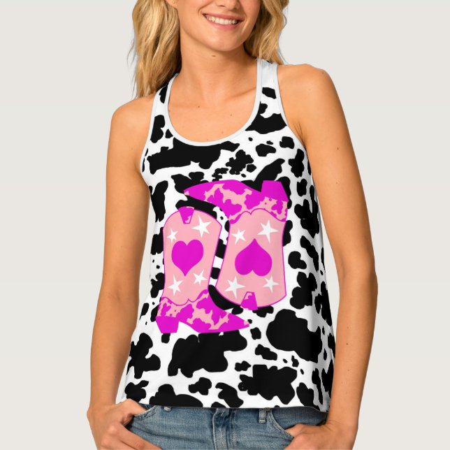 Black Cow Print Pink Cowboy Boots Farmer Tank Top (Front)
