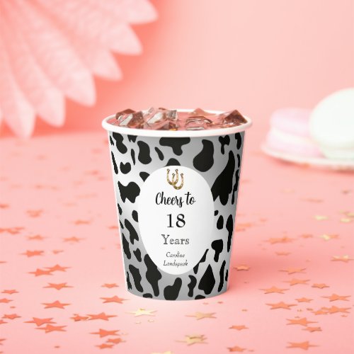 Black Cow Prints Silver  Gold Horseshoe Birthday Paper Cups