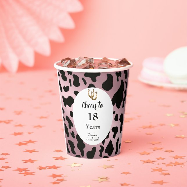 Black Cow Spots, Rose Gold & Horseshoe Birthday Paper Cups (Insitu)