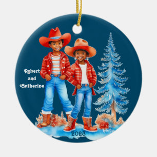 Black Cowboy Cowgirl Couple Christmas Custom Ceramic Ornament