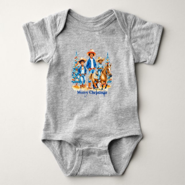 Black Cowboy Cowgirl Kids With Horse Merry Christm Baby Bodysuit (Front)