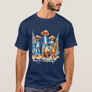 Black Cowboy Cowgirl Kids With Horse Merry Christm T-Shirt