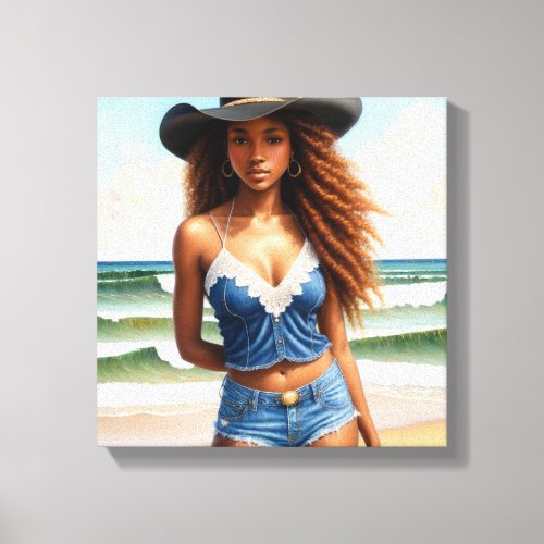 Black Cowgirl Copper Hair Beach Canvas Print
