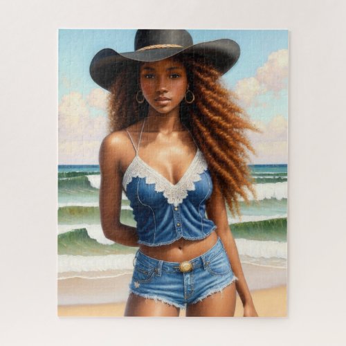 Black Cowgirl Copper Hair Beach Jigsaw Puzzle