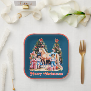 Black Cowgirl Winter Scene Horse Merry Christmas  Paper Plates