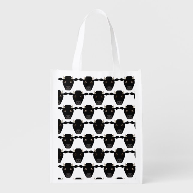 Black Cows with Horns on Reusable Grocery Bag (Front)