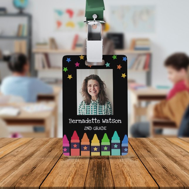 Black Crayons & Stars Colorful School Teacher ID Badge (Creator Uploaded)