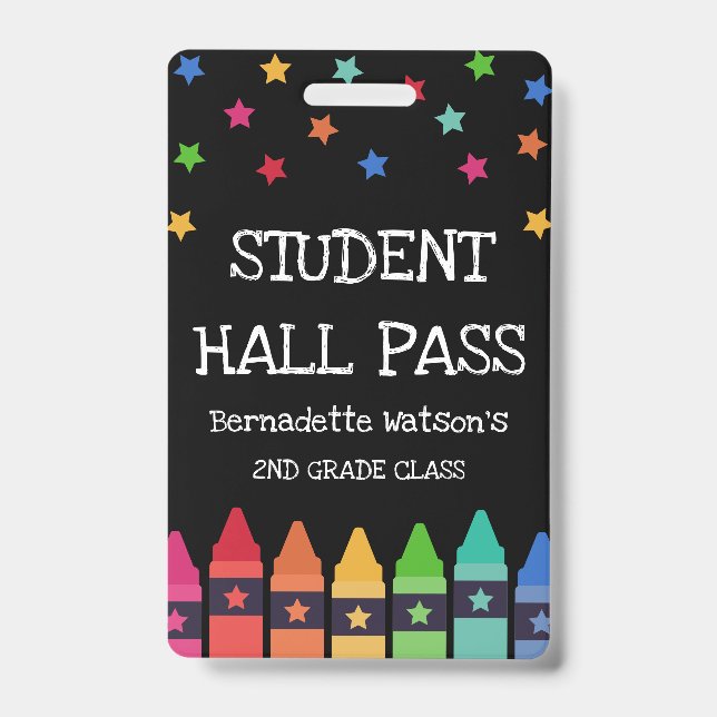 Black Crayons & Stars Colorful Student Hall Pass Badge (Front)