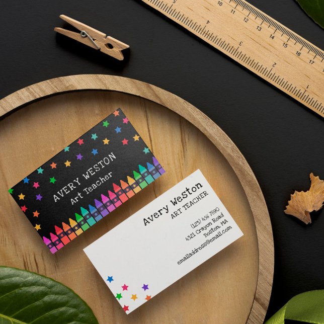 Black Crayons & Stars Teacher Kindergarten Tutor Business Card (Creator Uploaded)