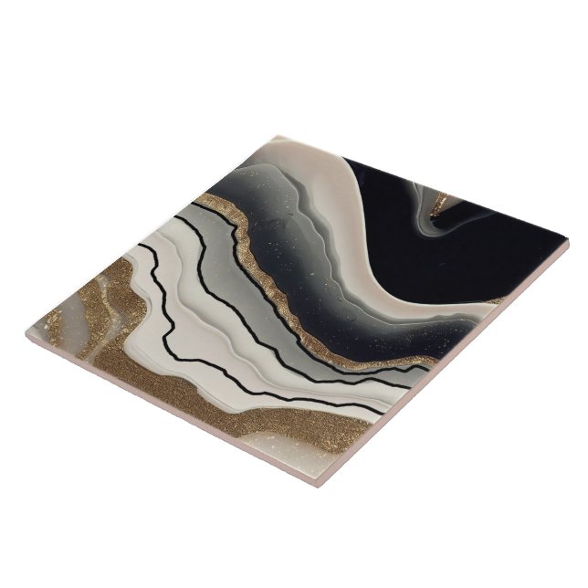 Black, Cream and Gold Geode Style Ceramic Tile. Ceramic Tile (Side)