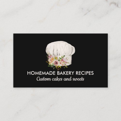 Black Cream Bakery chef watercolor floral pastry Business Card